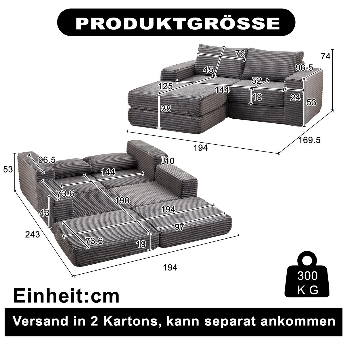 ECKSOFA DE-34544 2-in-1 mit Fußstütze und Kissen Grau - Grau, Textil (169.5/194cm) - ComfortXL