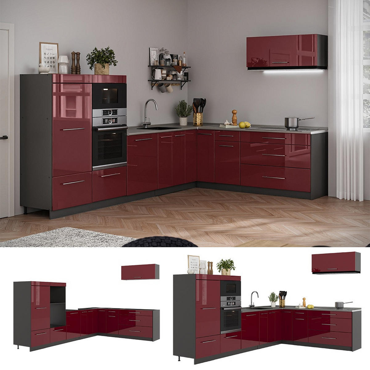 KUHINJA U OBLIKU SLOVA L Fame-Line, Bordo visokog sjaja/Antracit, 327 x 227 cm, RP Mramor - bordo/antracit, drvni materijal (327/153.6/60cm) - Vicco