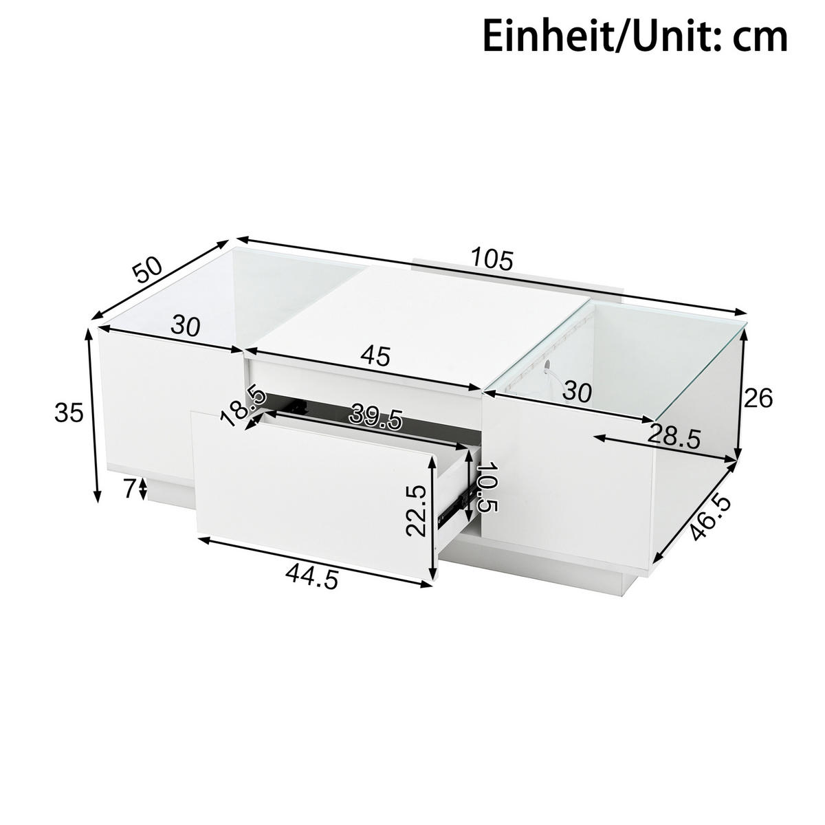 COUCHTISCH aus Spanplatte 105x50x35 cm in Weiß mit LED-Beleuchtung - Weiß, Holzwerkstoff (105/50/35cm) - Modfu