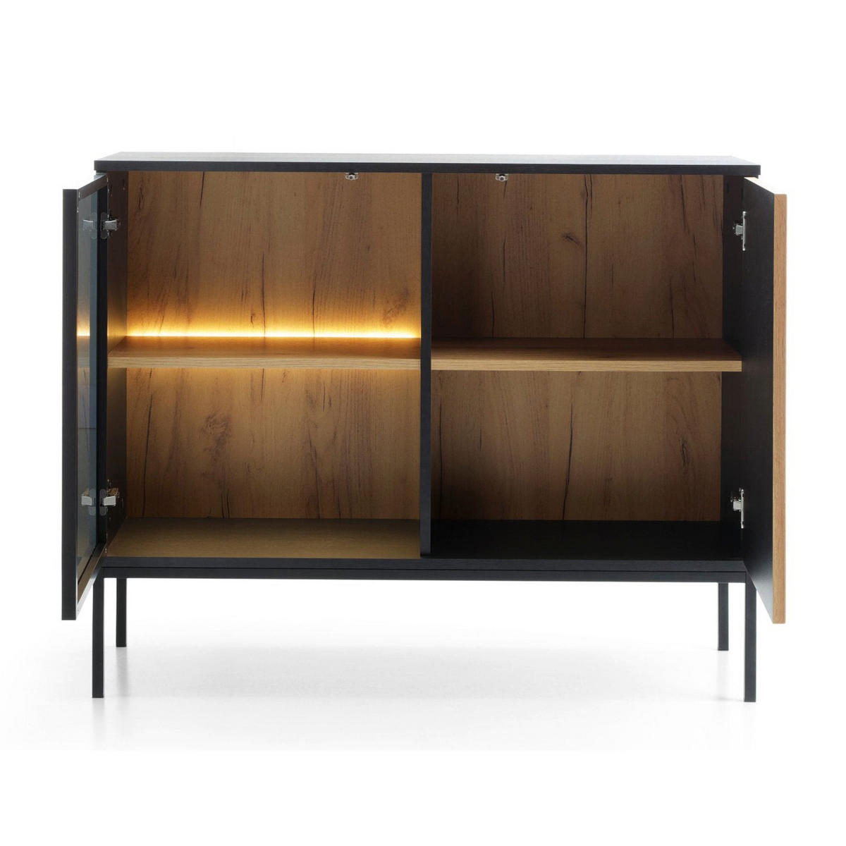 KOMODA Tosena čierna/dub Wotan s LED 104 cm - čierna/farba duba, kov/kompozitné drevo (104/83/39cm) - Selsey