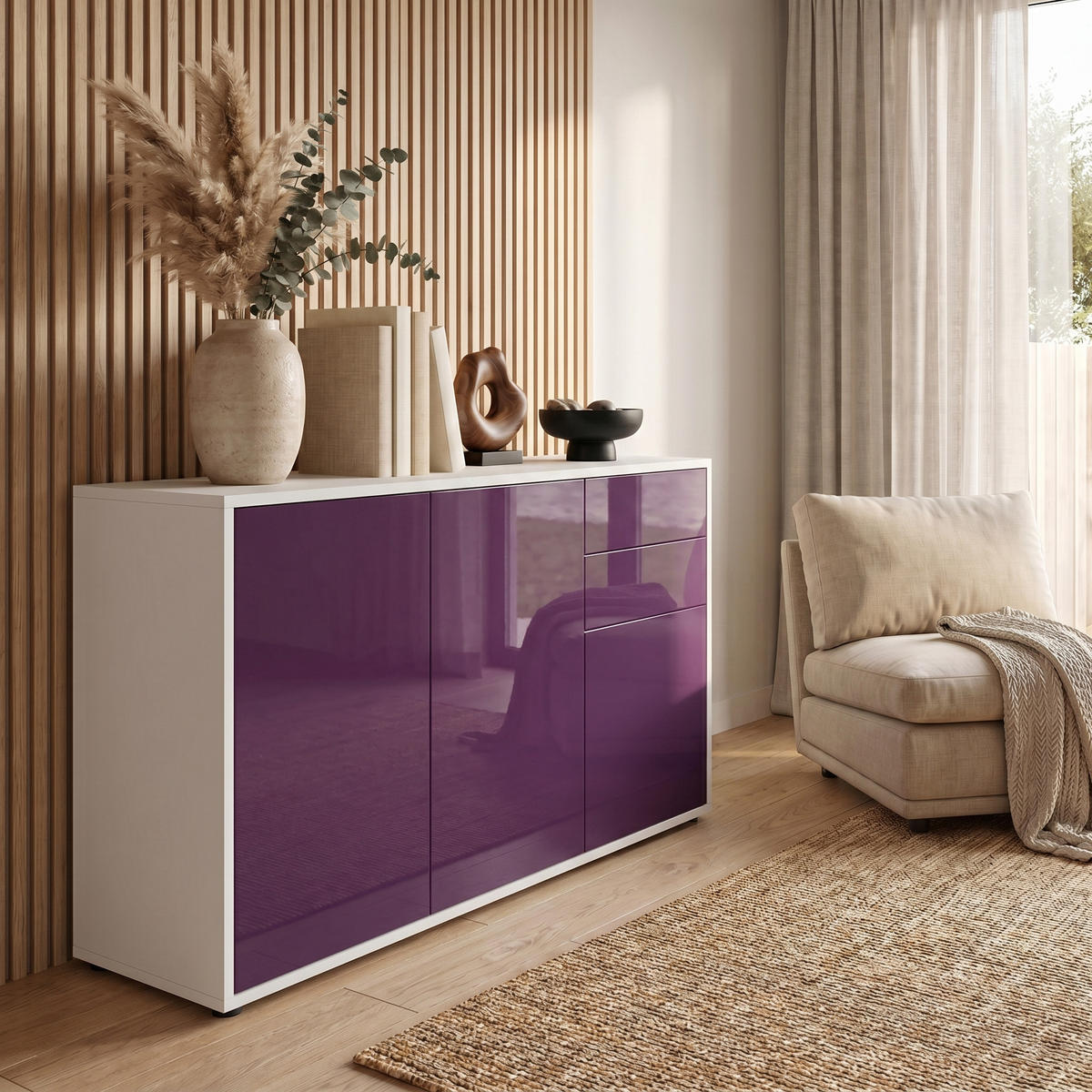 KOMMODE Ben Front in Brombeer Hochglanz - Brombeere, Holzwerkstoff (117/74/36cm) - Vladon
