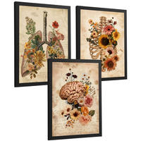 POSTER Set aus 3 Anatomie Mensch Florale Drucke und Wandbilder mit Lungen Brustkorb und Gehirn Botanischer Antiker Stil Größe Schwarzer Rahmen A3 - Schwarz, Papier (29.7/42/3cm) - Nacnic