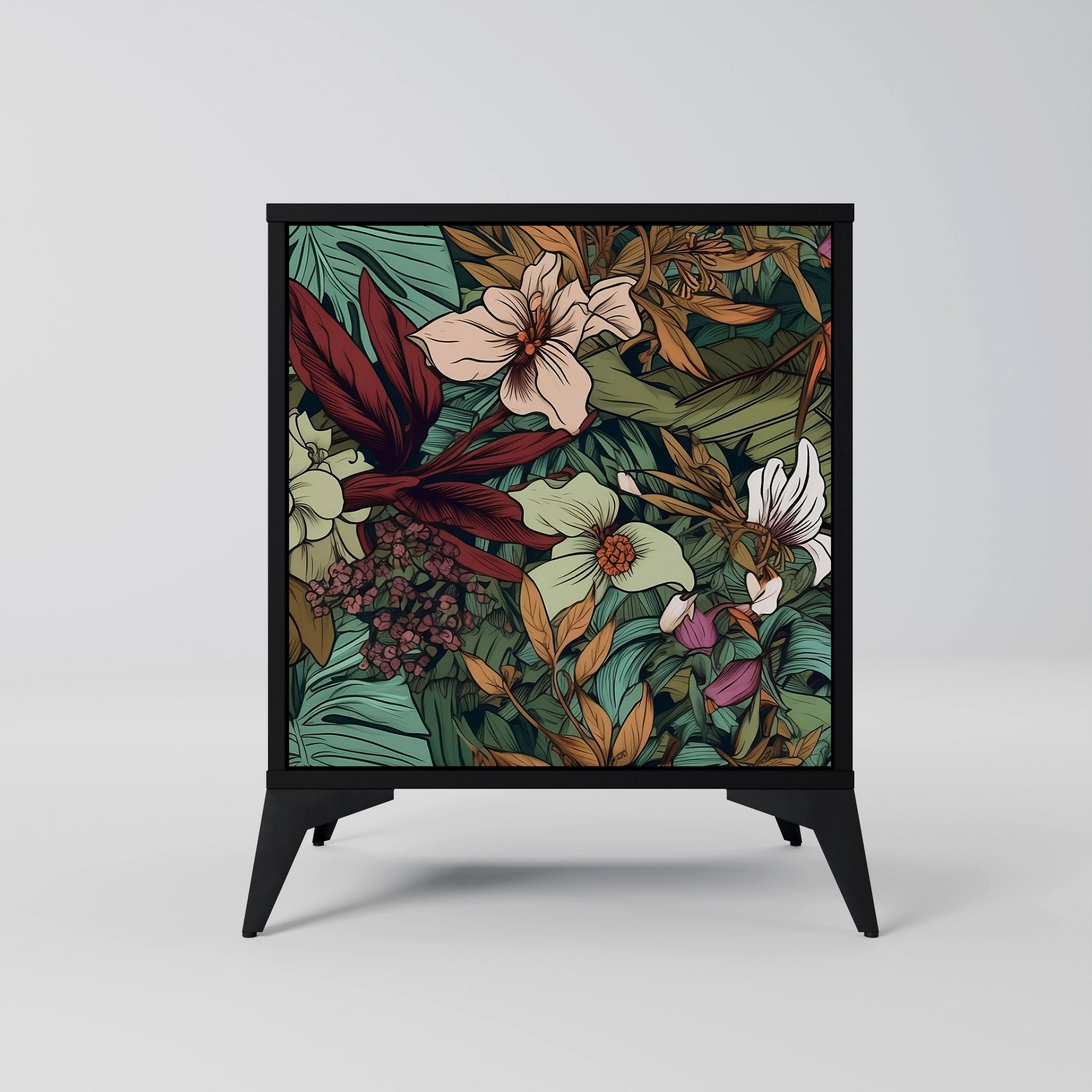 SIDEBOARD BOTANICAL EMERGENCE, Schwarz, 57,5x42x70,5 cm, Schwarze Metall-Sternfüße - Multicolor/Schwarz, Holzwerkstoff/Metall (57.5/70.5/42cm) - SpaceRebels