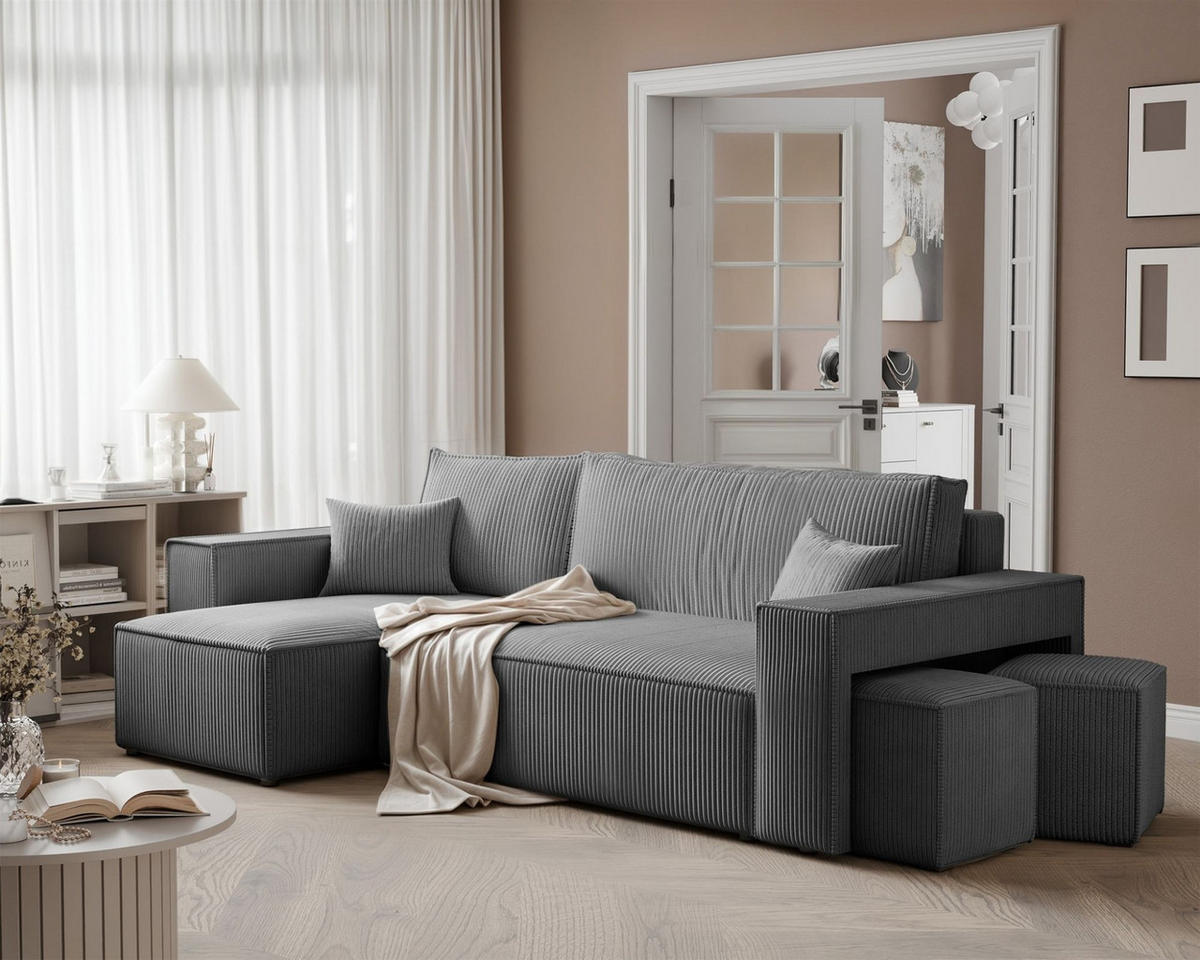 ECKSOFA Adara Inkl. Hocker - Grau, Holzwerkstoff/Textil (262/145cm) - Fun Möbel
