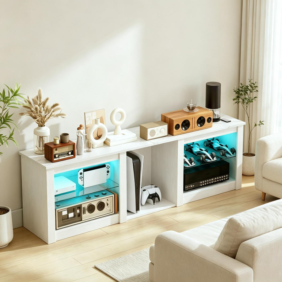 TV-SCHRANK 160/35/51.7 cm Weiß mit LED-Beleuchtung und verstellbaren Glasregalen - Weiß, Holzwerkstoff (160/51.7/35cm) - Oxeza