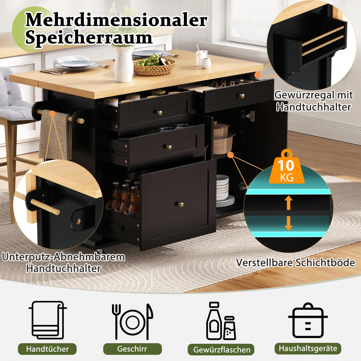 KÜCHENINSEL mit Ausziehplatte 107 x 45-70 x 90,5 cm Schwarz/Natur - Schwarz, Holz (45/90.5/107cm) - Beauniv