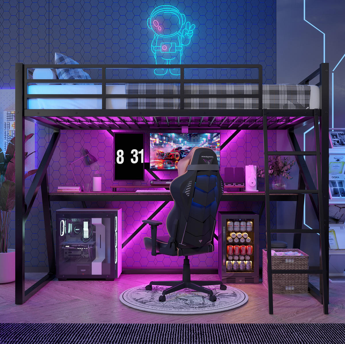 HOCHBETT 90/200 cm aus Metall mit Schreibtisch und LED-Beleuchtung - Schwarz, Metall (90/200cm) - Flora Grace