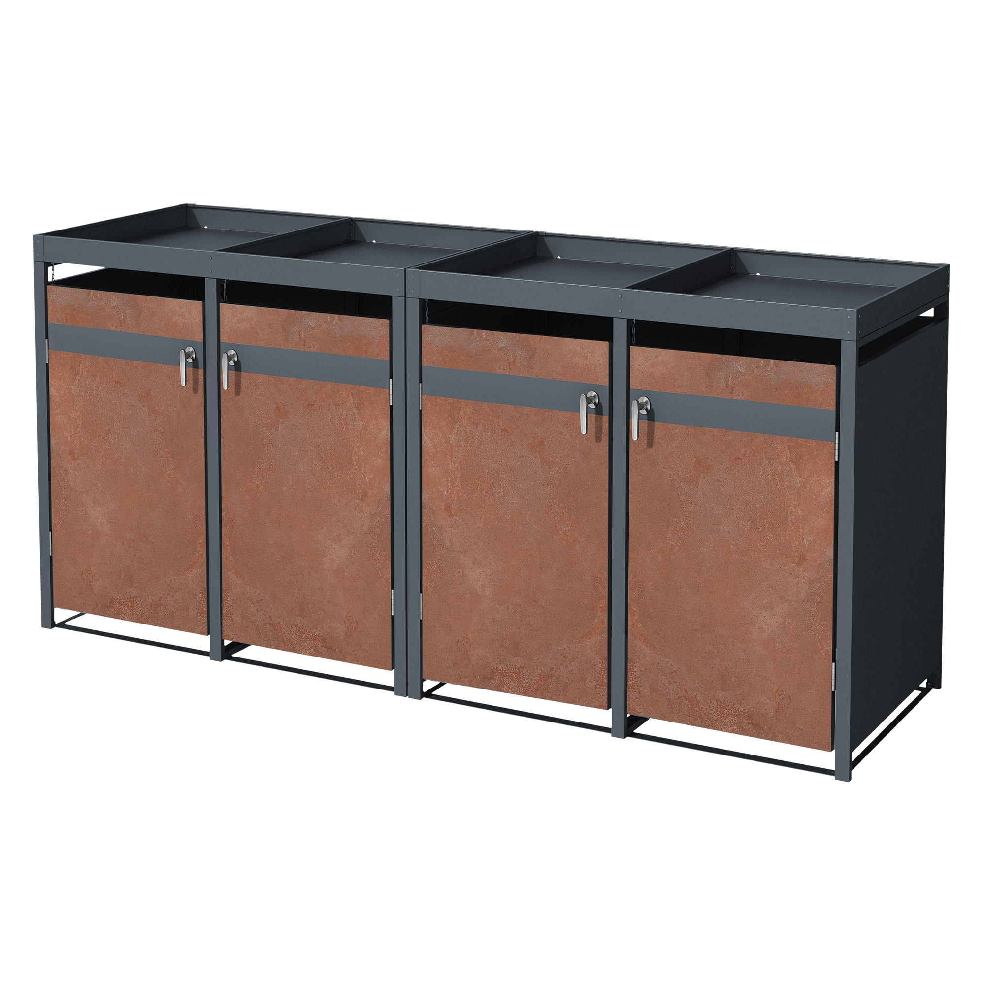 MÜLLTONNENBOX 4er mit Pflanzdach Anthrazit-Rostoptik - Rotbraun, Metall (80/124/264cm) - ML-DESIGN