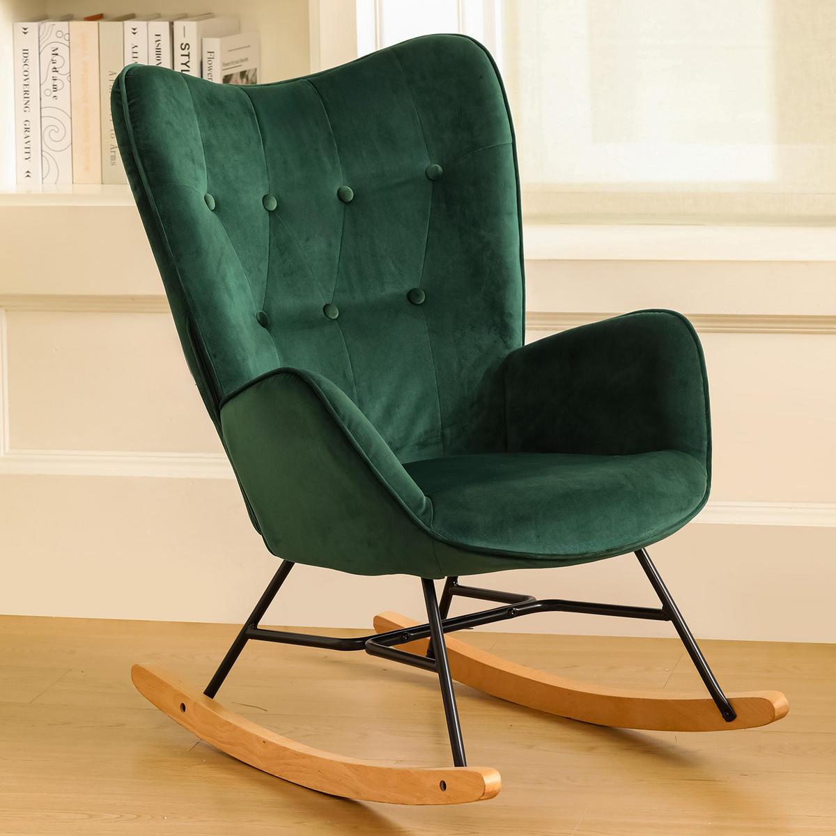 SCHAUKELSESSEL Samt Grün - Dunkelgrün/Eichefarben, Holz/Holzwerkstoff (68/98/85cm) - Urban Meuble