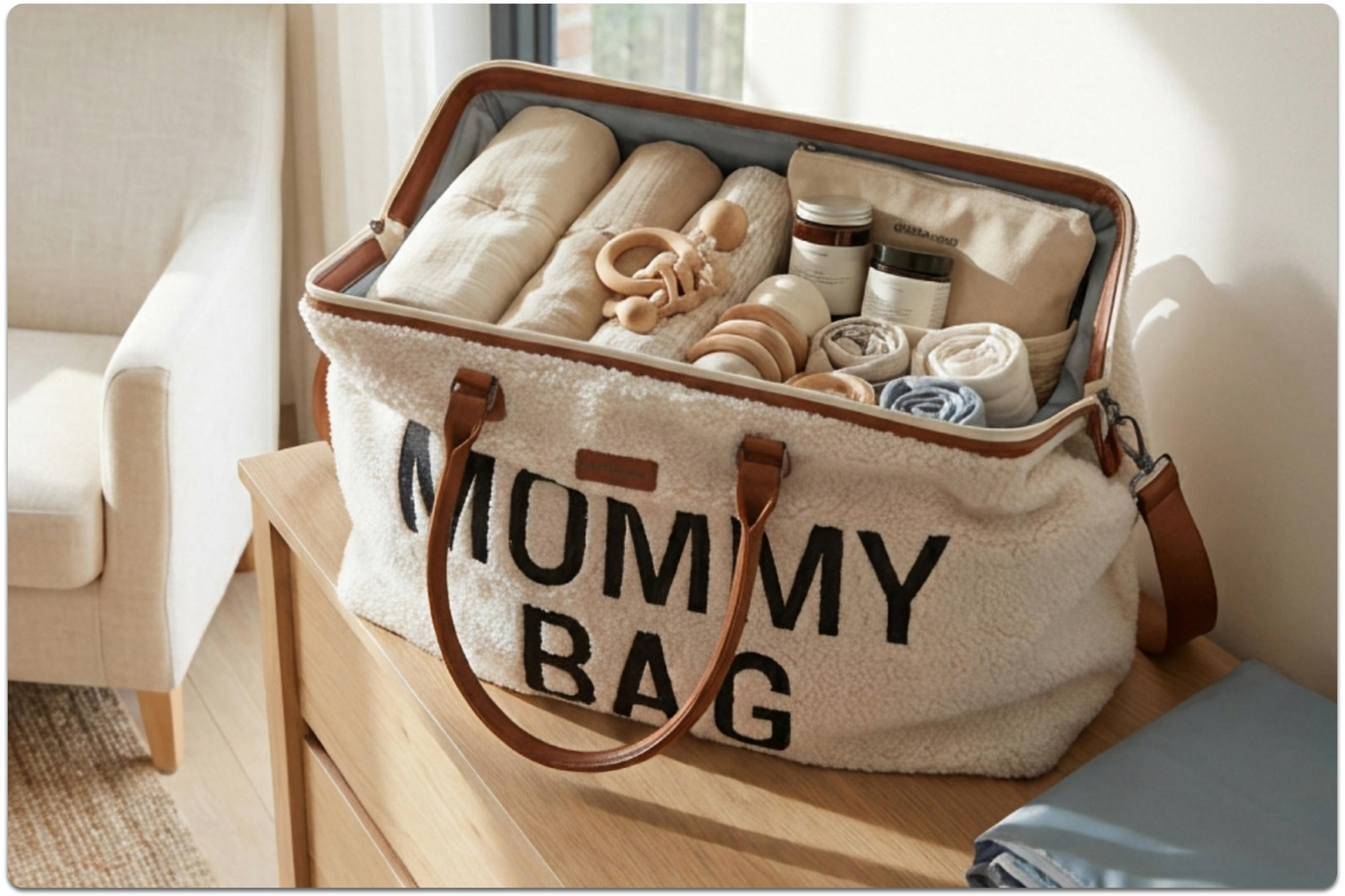 Wickeltasche in Teddy-Stoff, braunen Henkeln und der Aufschrift Mommy-Bag steht auf einer Holzkommode. Im Hintergrund steht ein beiger Sessel.