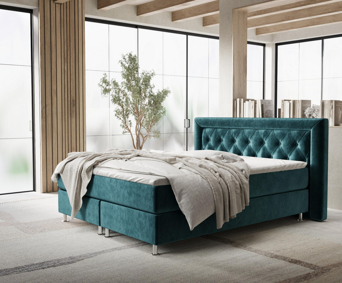 BOXSPRINGBETT Lavello Türkisfarben 140/200 cm mit Latex-Topper - Türkis/Silberfarben, Holz/Holzwerkstoff (140/200cm) - Maison de Reve