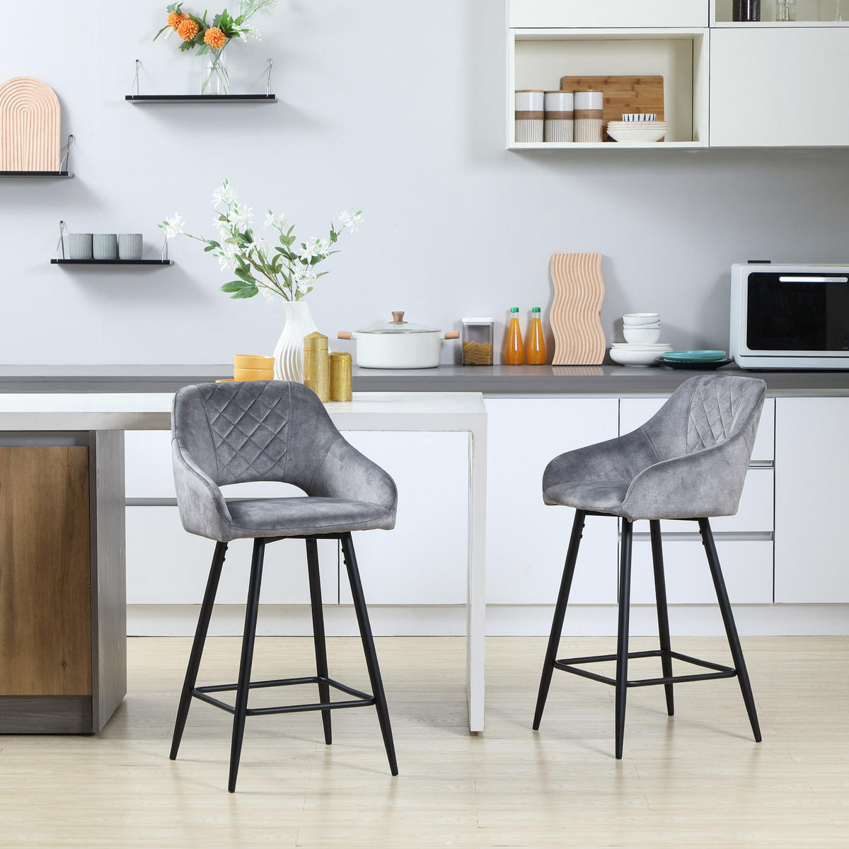 BARHOCKER 2er-Set Barstühle Bistrohocker mit Fußstütze Küchenstuhl Grau - Grau, Kunststoff (56/98/50cm) - HOMCOM