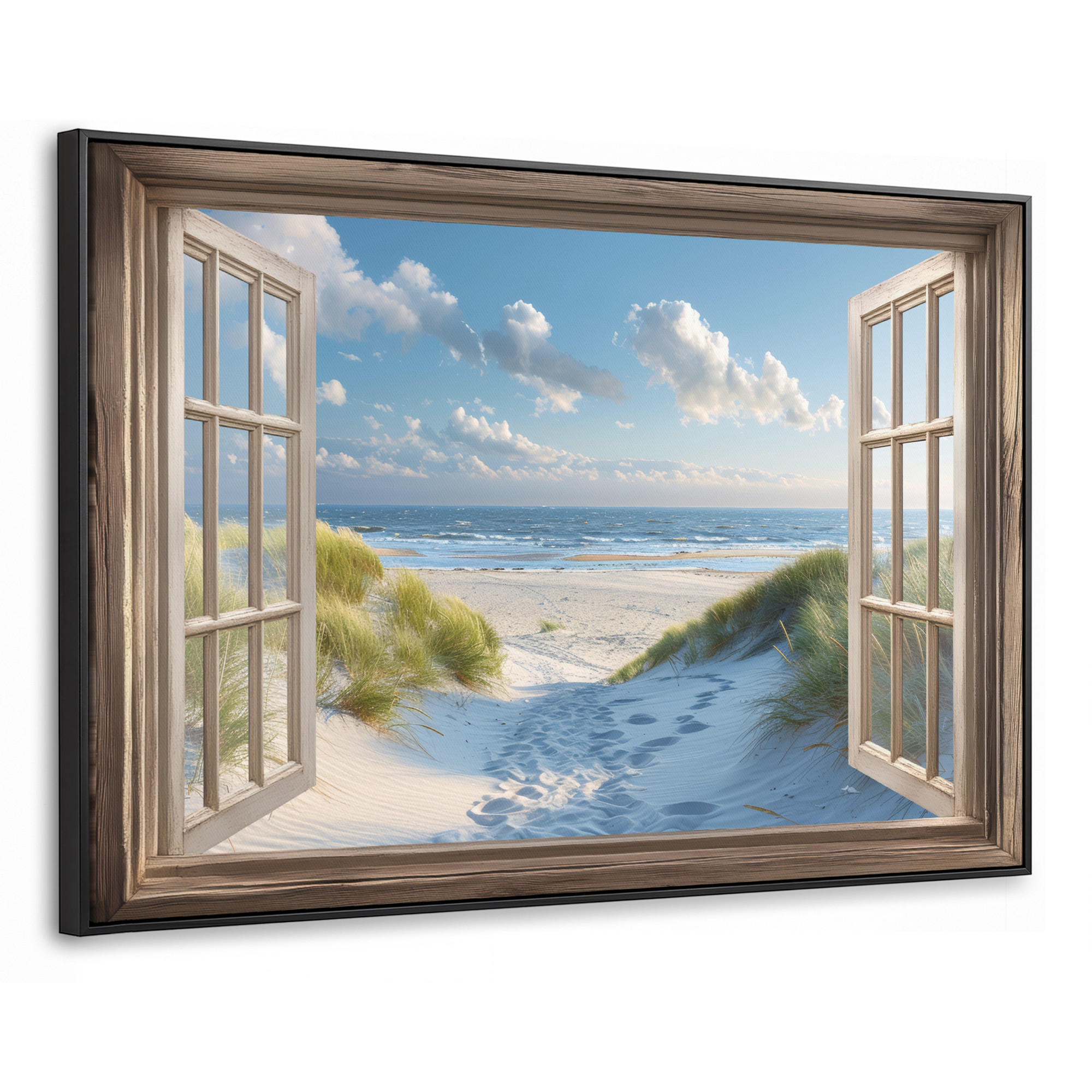 LEINWAND Bilder mit Rahmen - Aussicht - Strand - Fenster - Dünen - Meer - 120x80 - Hellblau, Textil (120/80cm) - MuchoWow
