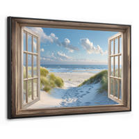 LEINWAND Bilder mit Rahmen - Aussicht - Strand - Fenster - Dünen - Meer - 120x80 - Hellblau, Textil (120/80cm) - MuchoWow