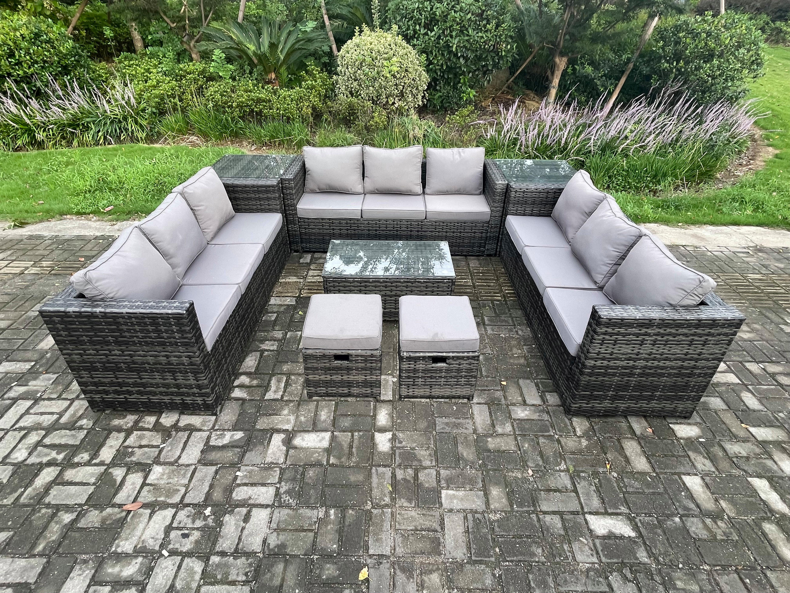 GARTENSET mit Beistelltisch Polyrattan 11-Sitzer - Dunkelgrau, Metall - Fimous