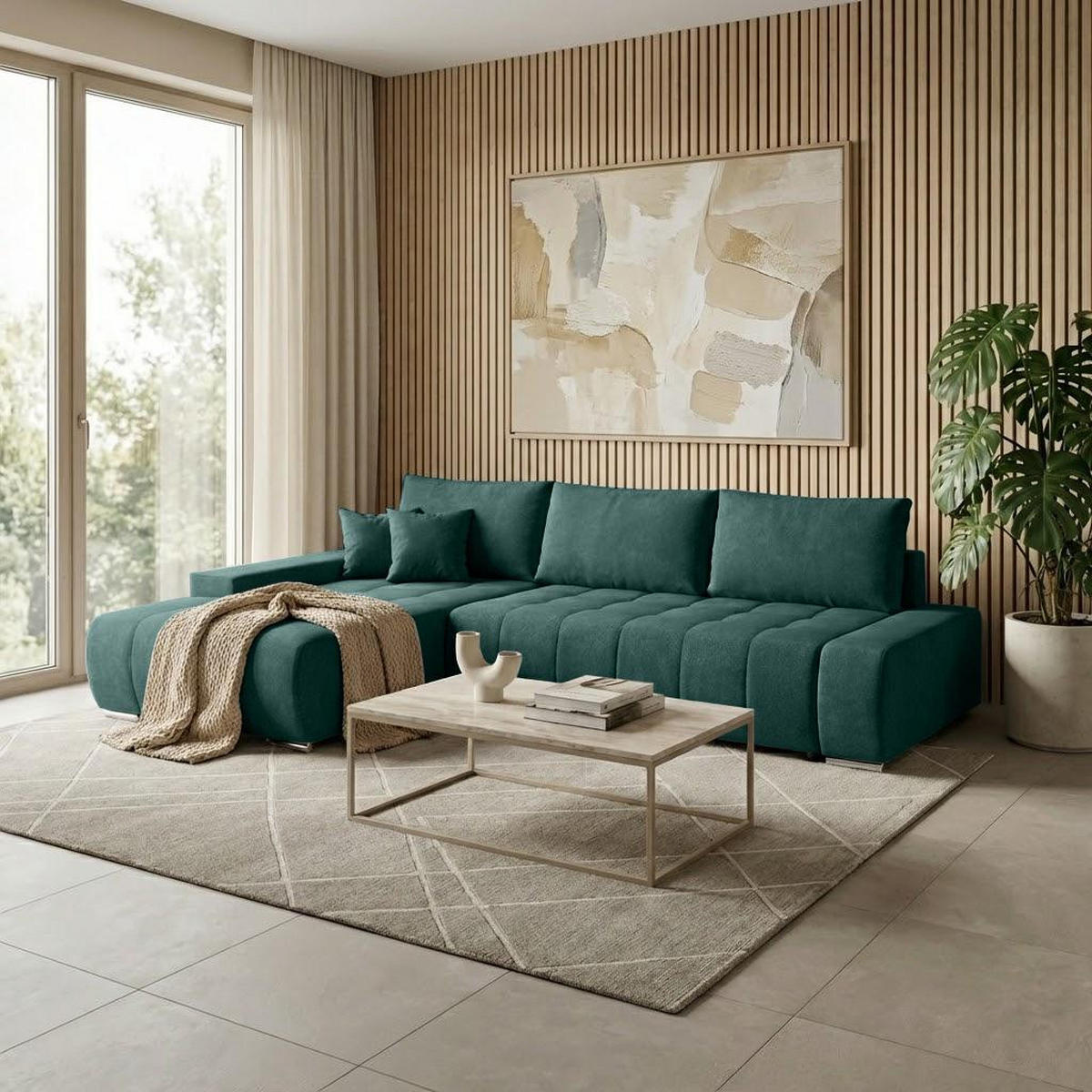 ECKSCHLAFSOFA Draco L Grün - Silberfarben/Grün, Textil/Metall (267/186cm) - Beautysofa