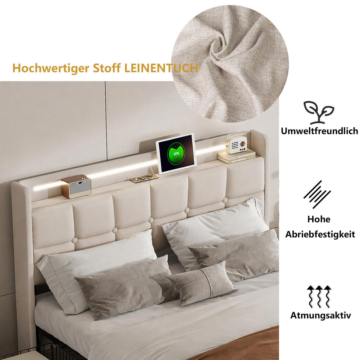MANŽELSKÁ POSTEĽ 140x190 cm s LED, USB, 4 zásuvkami a ľanovým poťahom - béžová, drevo (140/200cm) - SHOPENTRA