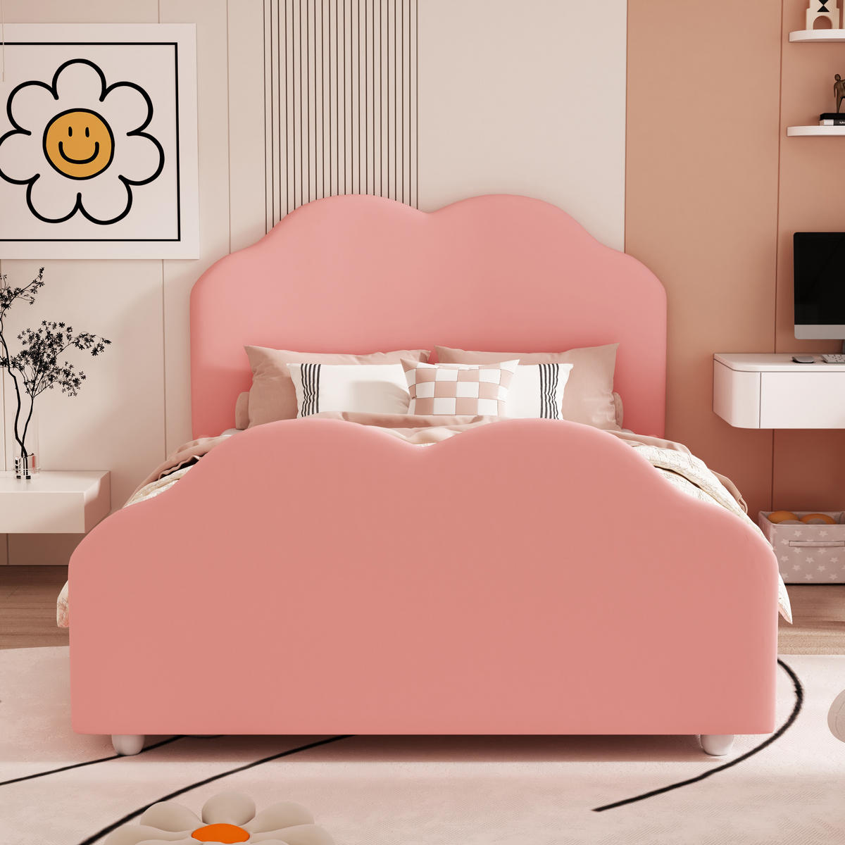 KINDEREINZELBETTEN aus Samt 90x200 cm in Rosa mit Rausfallschutz - Rosa, Textil (90/200cm) - Modfu