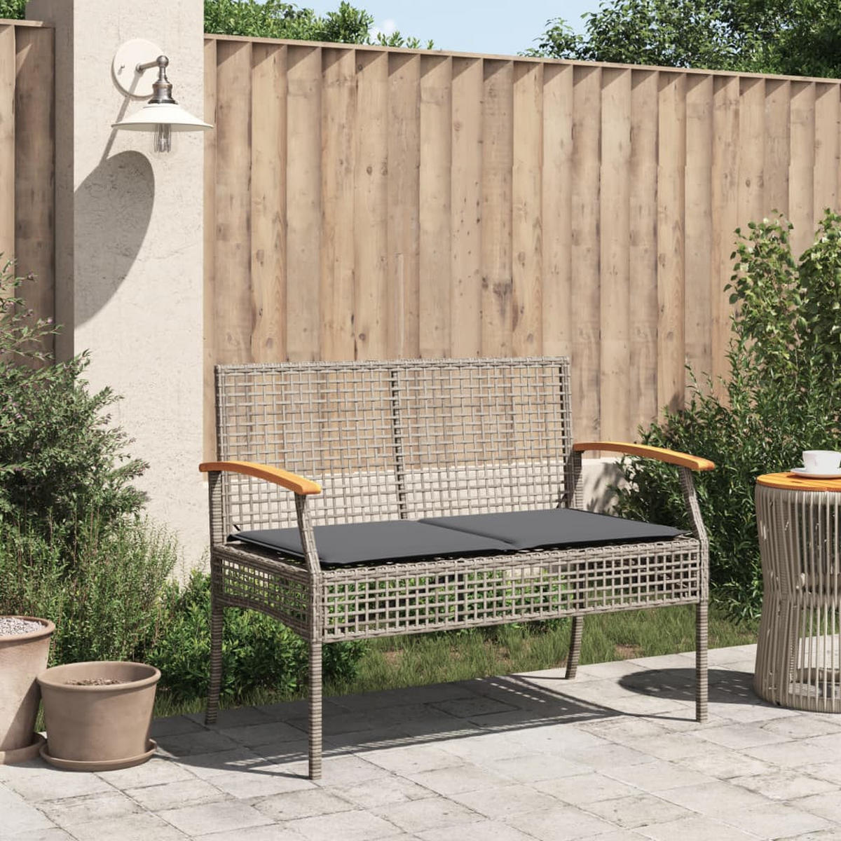 GARTENBANK mit Kissen Grau Poly Rattan Akazienholz - Grau, Kunststoff (108/85/57cm) - furnicato