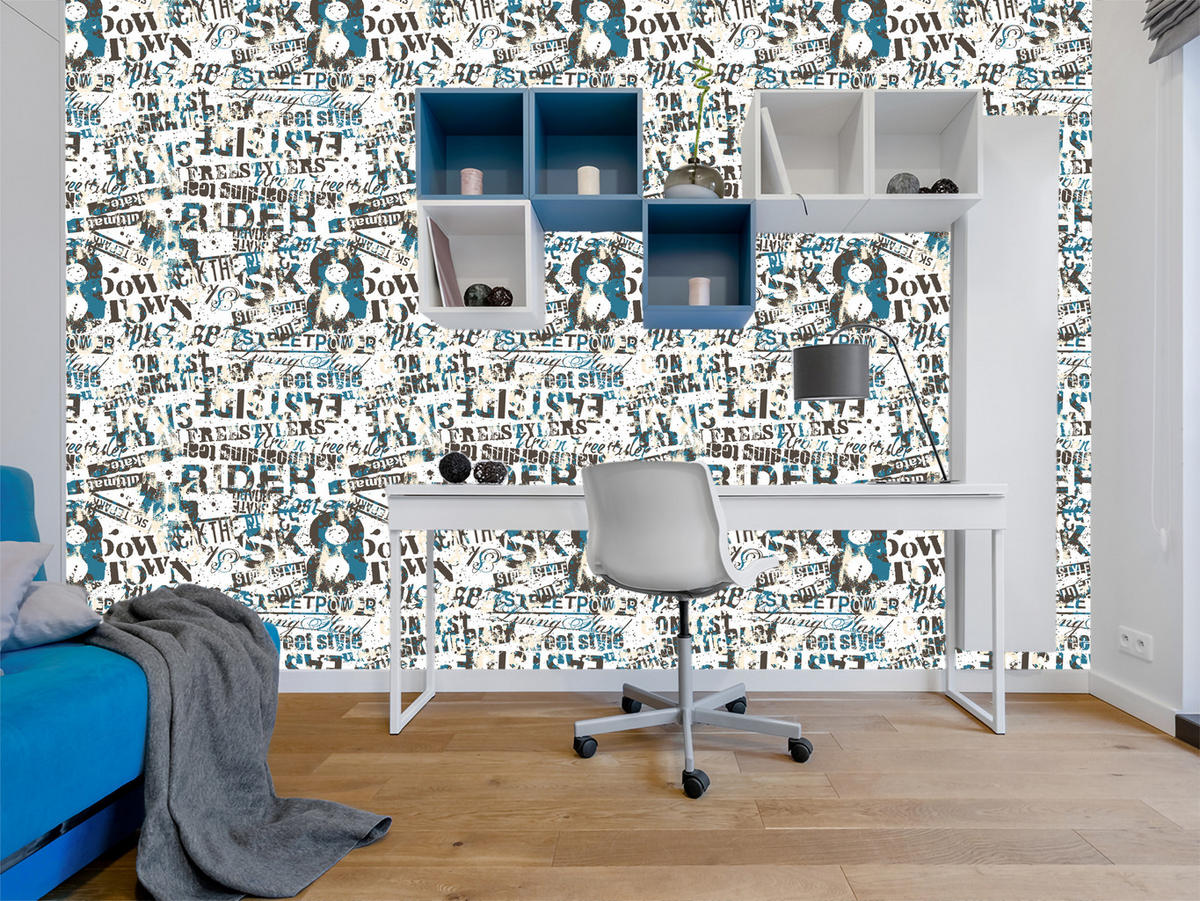 VLIESTAPETE Urban-Graffiti und Schriftzüge – Schwarz, Blau, Weiß – 50x1000 cm - Blau/Schwarz, Papier (50/1000cm) - Muralo