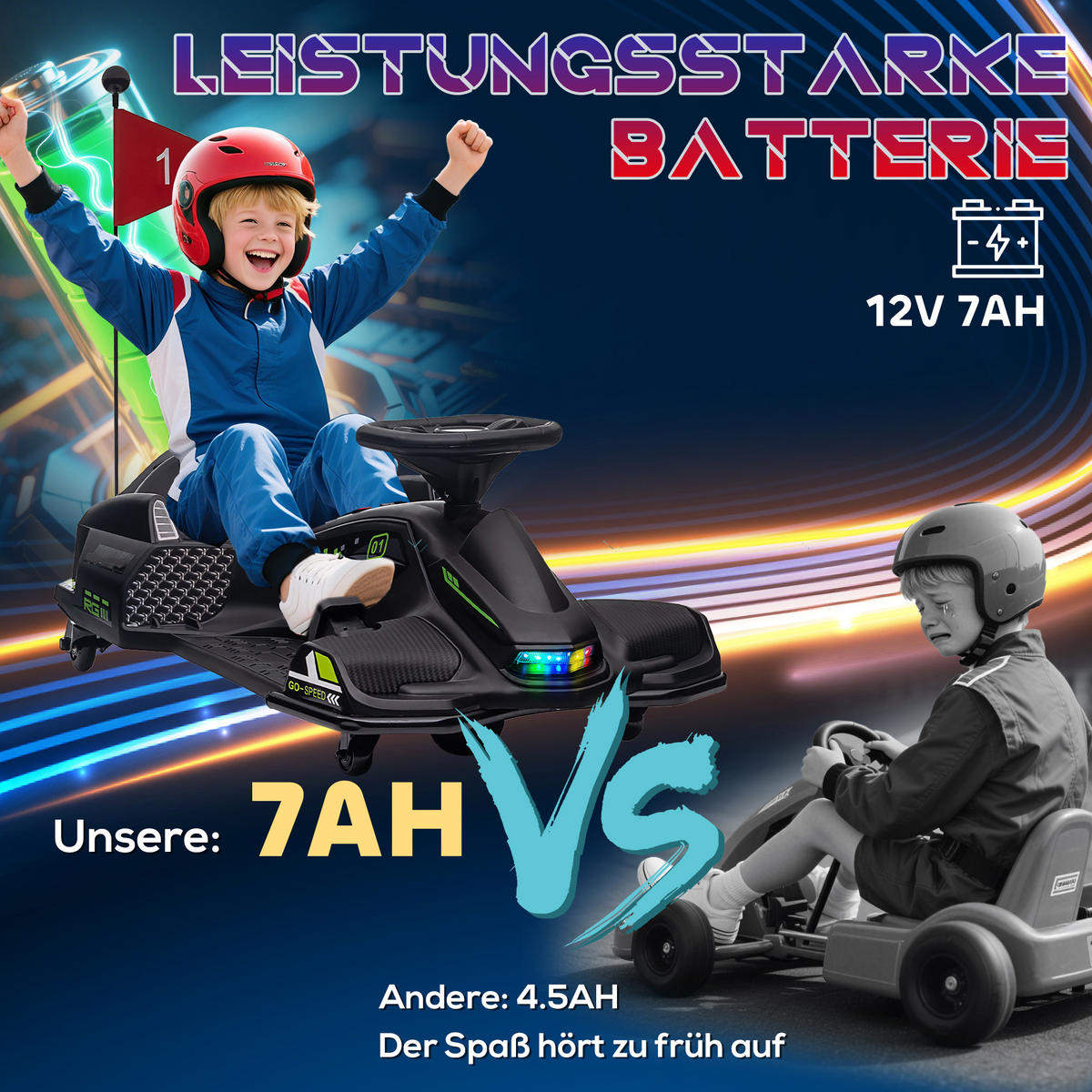 KINDER-ELEKTROGOKART 12 V 3-8km/h Drift Kart mit Driftmodus Lichtern Musik - Schwarz, Kunststoff (90/53/99cm) - HOMCOM