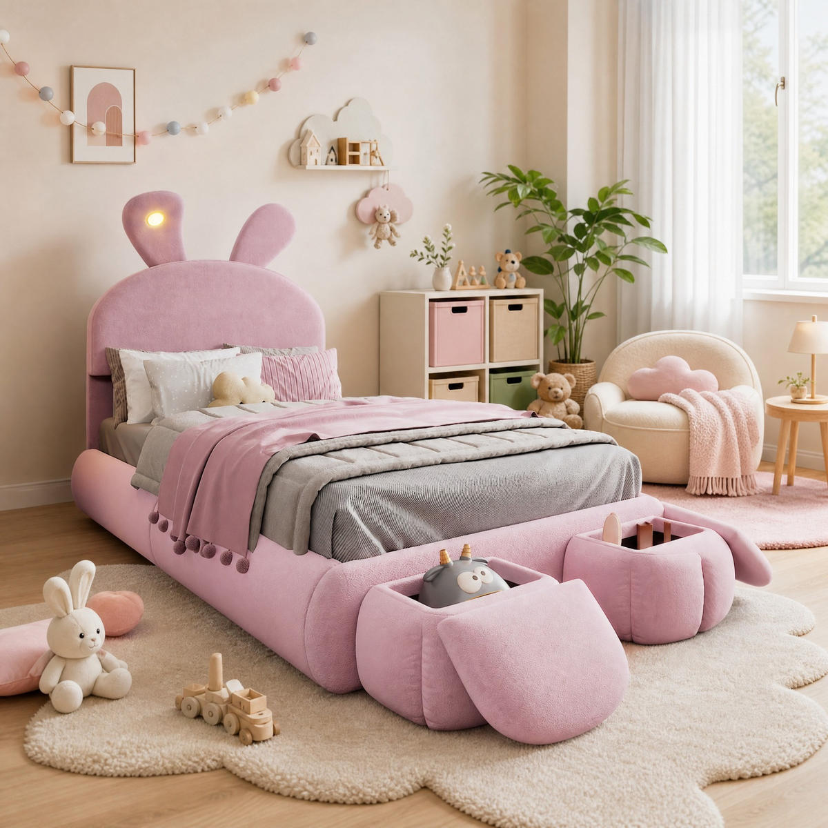 POLSTERBETT 90/200 mit LED, Aufbewahrungshockern und verstellbarem Kopfteil in Rosa - Rosa, Holzwerkstoff/Textil (90/200cm) - EVRYAE