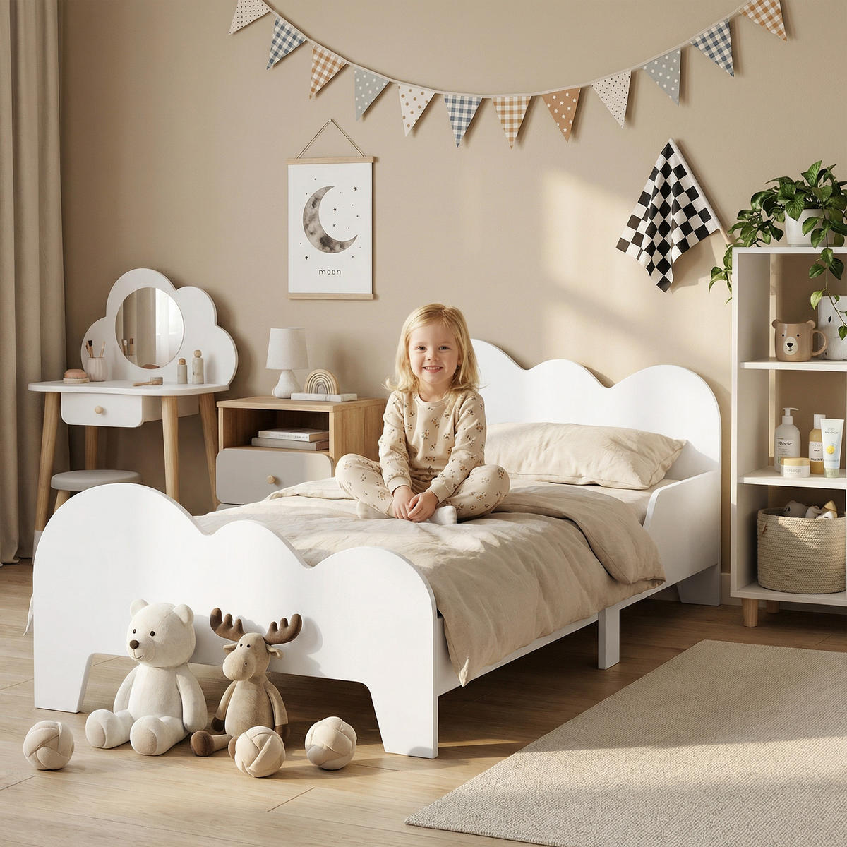 KINDERBETT 70x140 cm DE-14579 mit Sicherheitsbarriere & Wolken-Dekor Weiß - Weiß, Holzwerkstoff (70/140cm) - ComfortXL