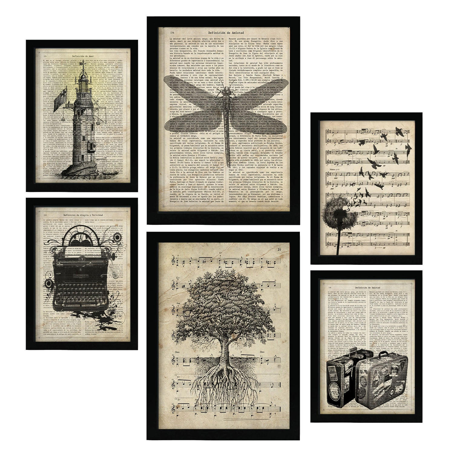 POSTER Set Mit 6 Vintage Zeichnungen Sepia Papier Plakate Im Retro Mit Natur & Reisethemen Über Enzyklopädie Hintergründen A3 & A4 Schwarzer Rahmen - Schwarz, Papier (29/3cm) - Nacnic