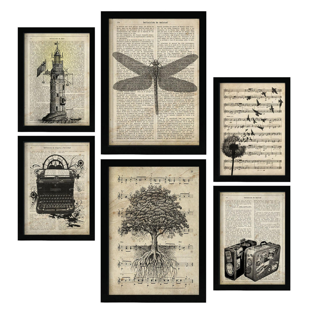 POSTER Set Mit 6 Vintage Zeichnungen Sepia Papier Plakate Im Retro Mit Natur & Reisethemen Über Enzyklopädie Hintergründen A3 & A4 Schwarzer Rahmen - Schwarz, Papier (29/3cm) - Nacnic