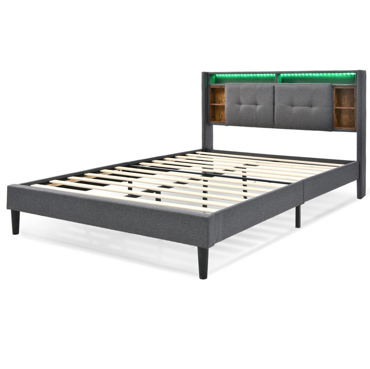 ČALÚNENÁ posteľ z masívneho dreva, ľanu a kovu 140x200 cm sivá s USB, LED a úložným čelom, s matracom - sivá, drevo (140/200cm) - Modfu