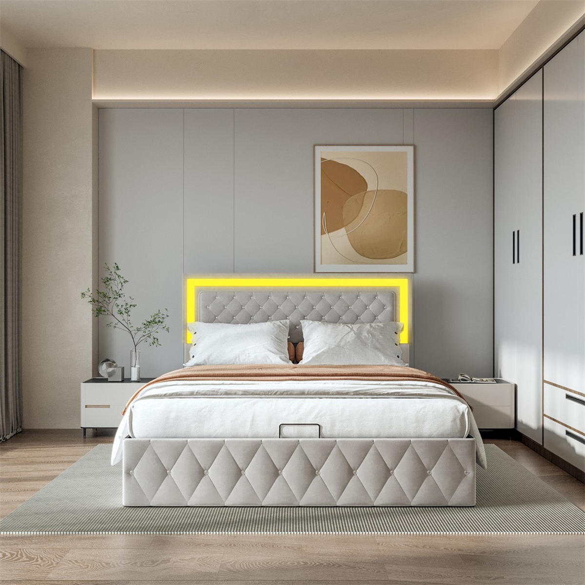 POLSTERBETT 140x200 cm - mit LED-Kopfteil und hydraulischem Bettkasten - Samt - ohne Matratze - Beige - Beige, Textil (140/200cm) - DELFA