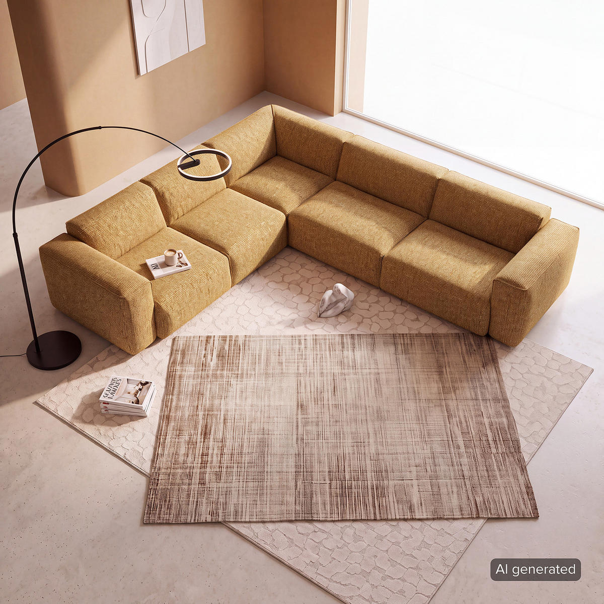 ECKSOFA mit Rundecke - Schwarz/Honig, Kunststoff/Textil (325/260cm) - home24