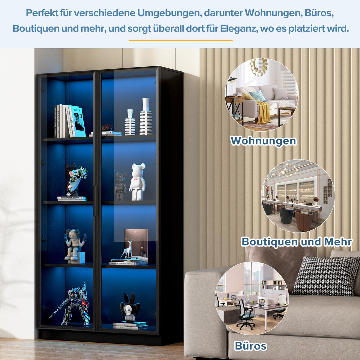 VITRINE LED Glas 2 Türen verstellbare Böden 160cm Schwarz - Schwarz, Holzwerkstoff (80/160/40cm) - FLIEKS