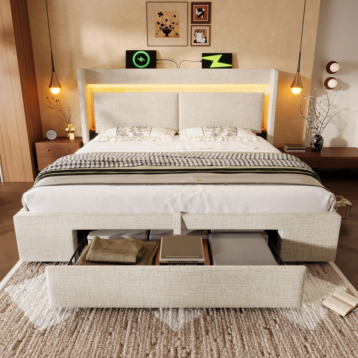 POLSTERBETT 140/200 cm mit LED, USB- und USB-C-Anschluss, hydraulischem Stauraum und Matratze, Beige - Beige, Textil (140/200cm) - Redom