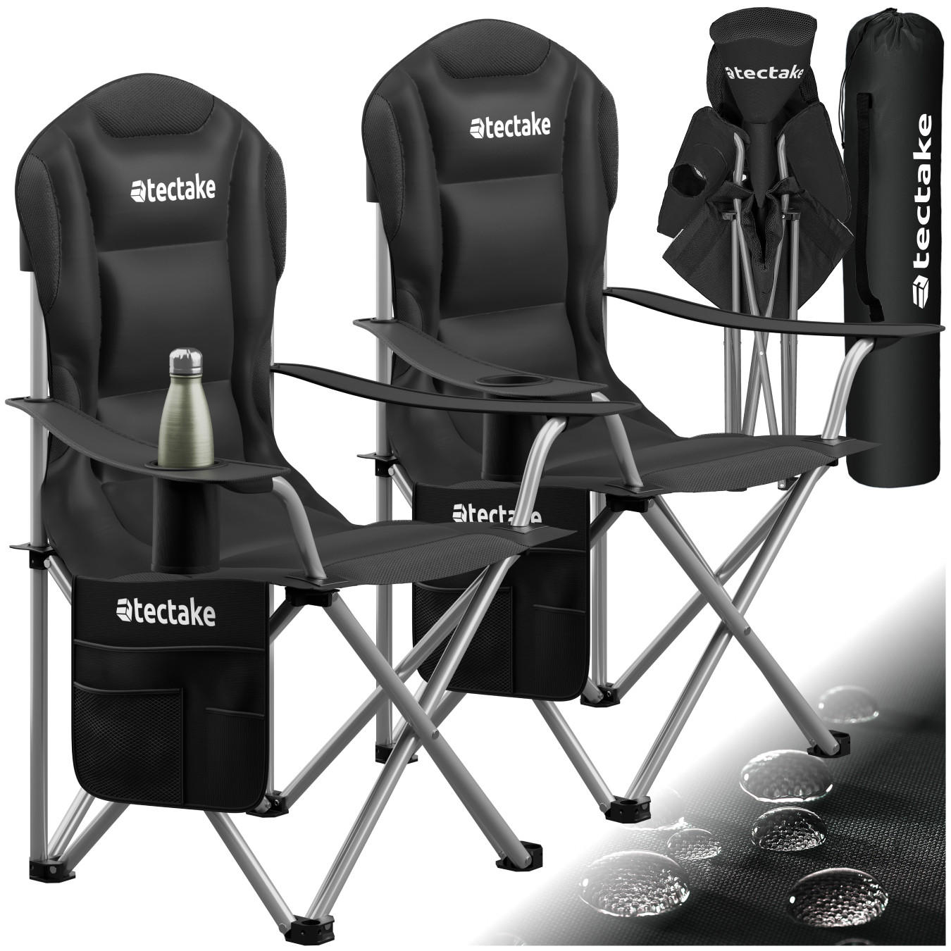 CAMPINGSTUHL 2er Set gepolstert Mtx,88,5 x 55 x 103 cm, Belastbarkeit 120 kg,schwarz - Schwarz, Textil (88.5/103/55cm) - tectake