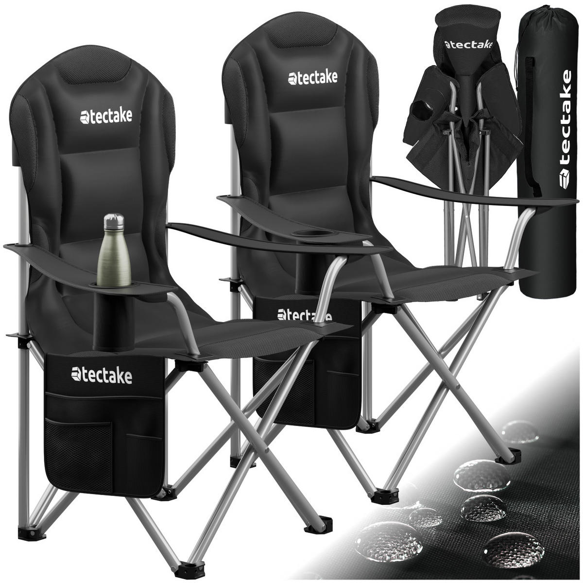 CAMPINGSTUHL 2er Set gepolstert Mtx,88,5 x 55 x 103 cm, Belastbarkeit 120 kg,schwarz - Schwarz, Textil (88.5/103/55cm) - tectake