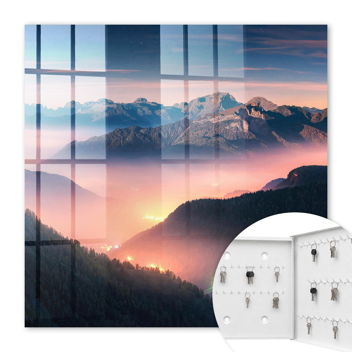 SCHLÜSSELBOX Weiß 30x30 cm – Türöffnung nach rechts - Bergpanorama - Dunkelblau, Metall (30/30/5cm) - TULUP