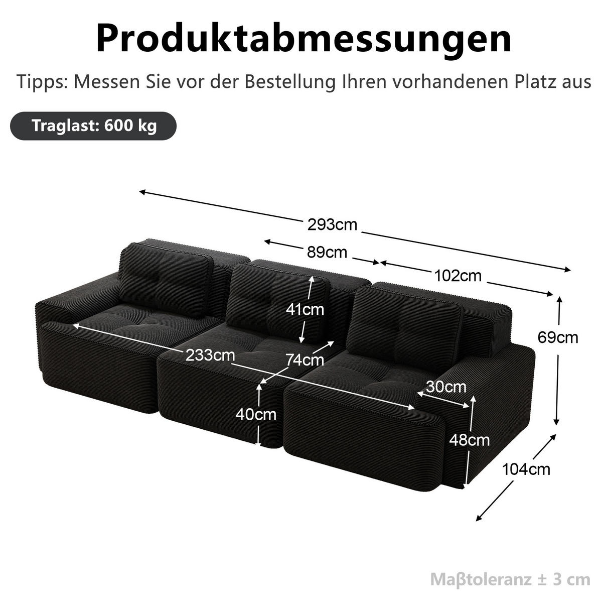 MODULARES Ecksofa mit Cordbezug in Schwarz 293x104x69 cm, tiefe Sitzfläche, ohne Montage - Schwarz, Textil (104/293cm) - IVMEU