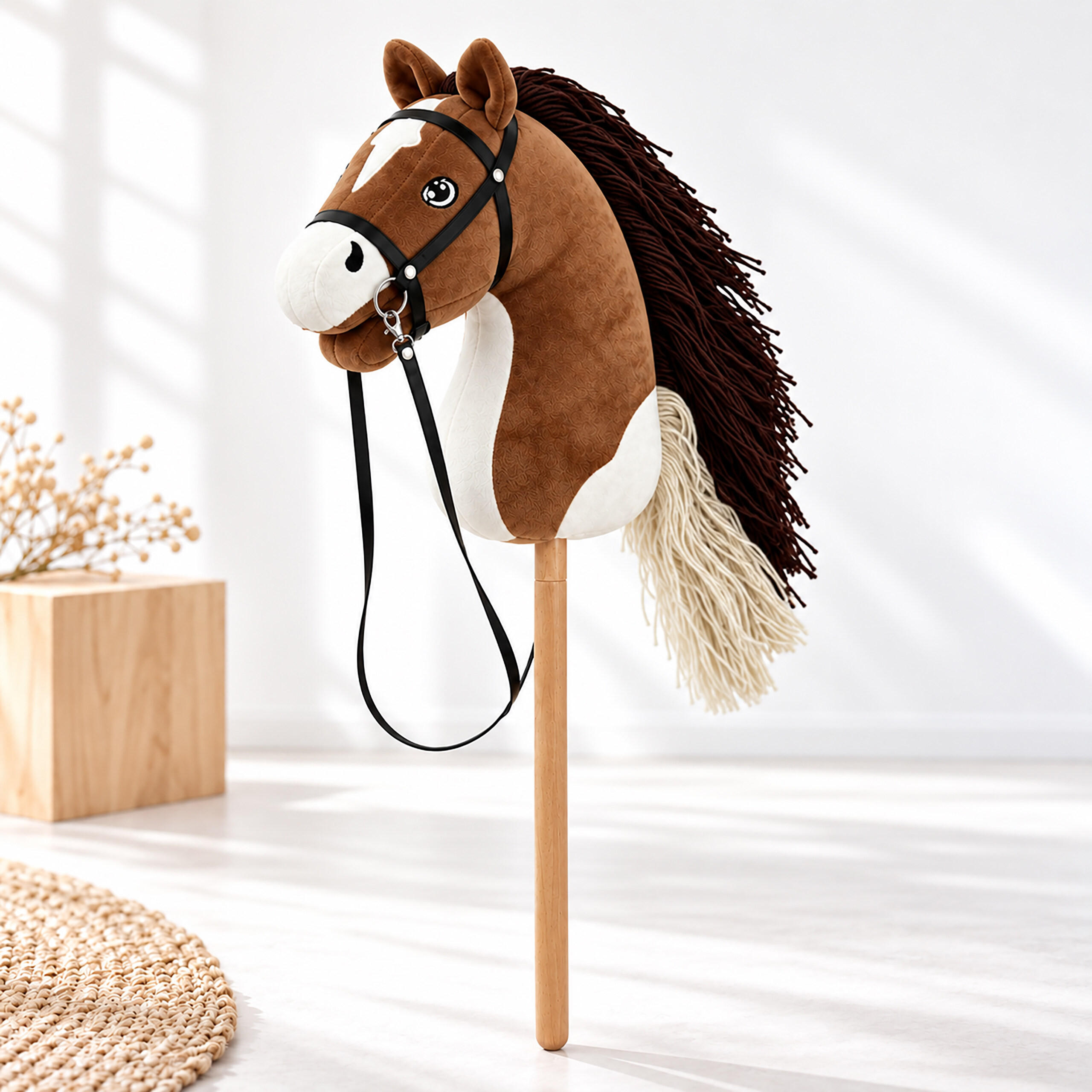 STECKENPFERD Dunkelbraun Plüsch 71 cm - Dunkelbraun, Holz/Textil (12/71/29cm) - Relaxdays
