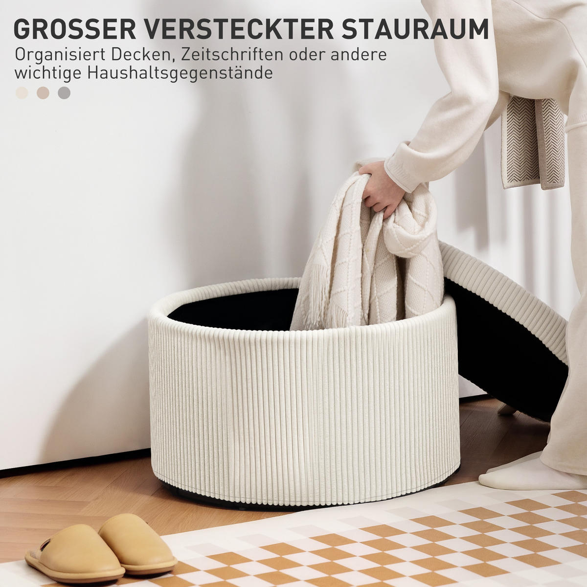 SITZHOCKER mit Stauraum Hocker mit Deckel, Runder Polsterhocker für Wohnzimmer - Beige, Holzwerkstoff (60/41/60cm) - HOMCOM