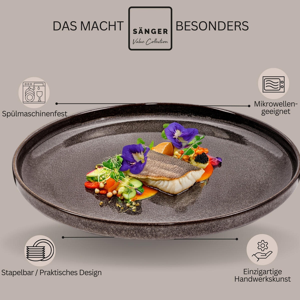 SPEISETELLER SET KAIRO GRAPHIT - 6 teilig aus Steingut - Braun, Keramik (35cm) - Sänger