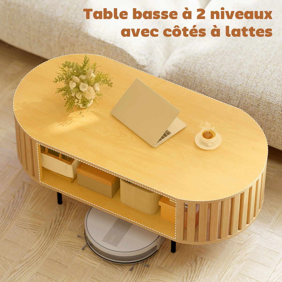 COUCHTISCH DE-15825 Lamellen-Design mit zwei Ablagen Naturholz - Naturfarben, Holzwerkstoff (100/50/40cm) - ComfortXL