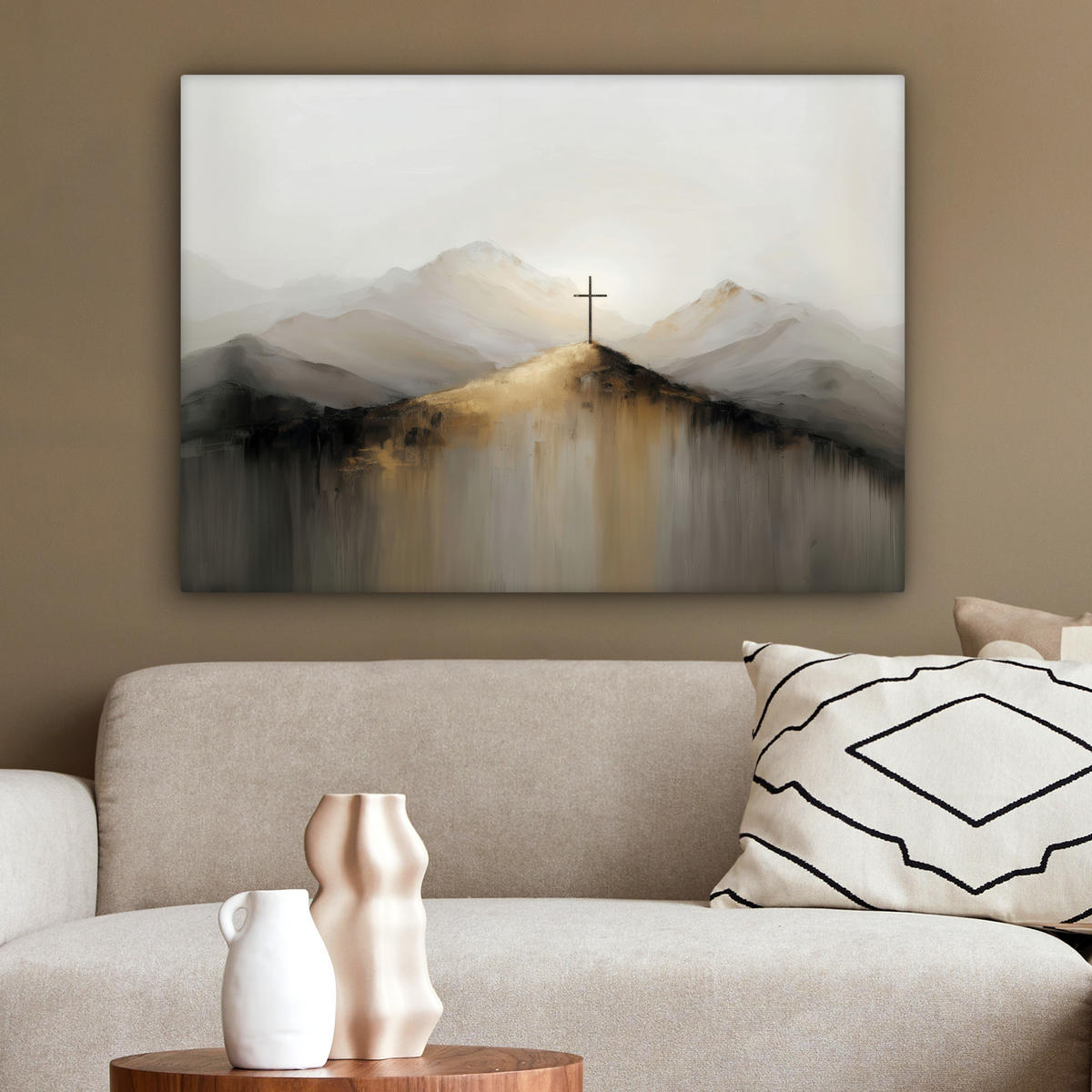 LEINWANDBILD Hügel - Abstrakt - Kreuz - Christentum Wandbilder 80x60 cm - Beige, Textil (80/60cm) - MuchoWow