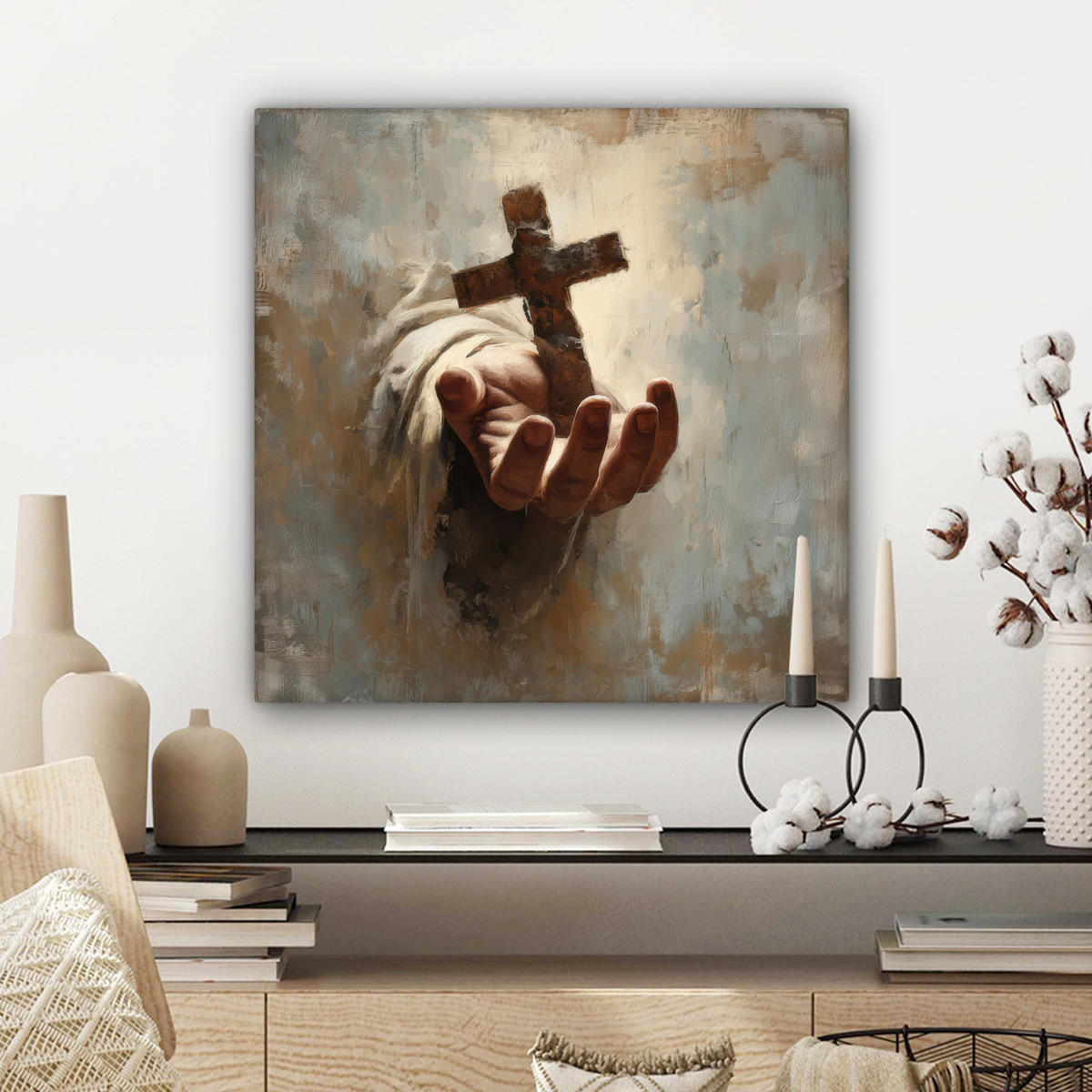 LEINWANDBILD Abstrakt - Kreuz - Hand - Christentum Wandbild Wohnzimmer 50x50 cm - Hellbraun, Textil (50/50cm) - MuchoWow