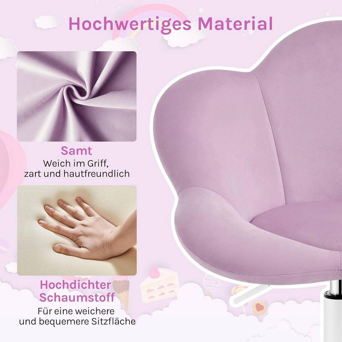 DREHSTUHL Kinder, blumenförmig, Samt, Hellviolett - Violett/Weiß, Kunststoff/Textil (62/71/51cm) - Woltu