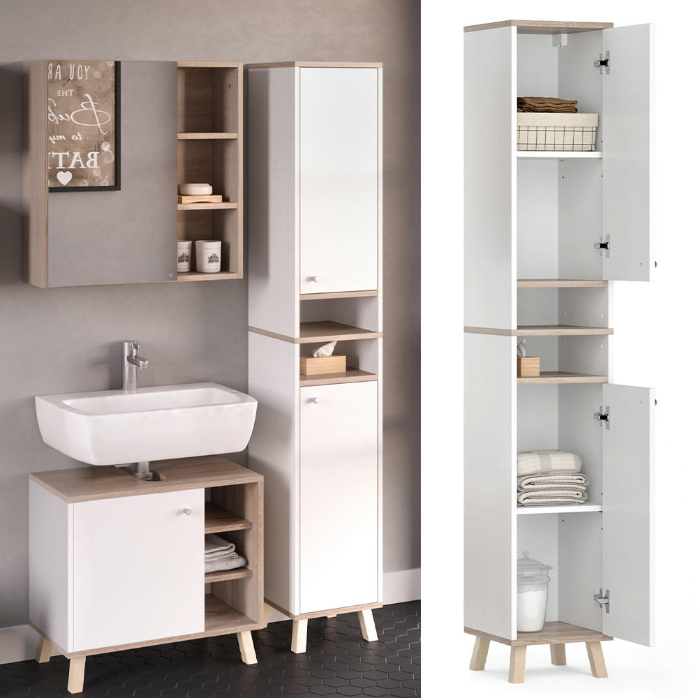 BADSCHRANK Senyo Weiß 30 x 174 cm - Weiß/Sonoma Eiche, Holzwerkstoff (30/174/30cm) - Vicco
