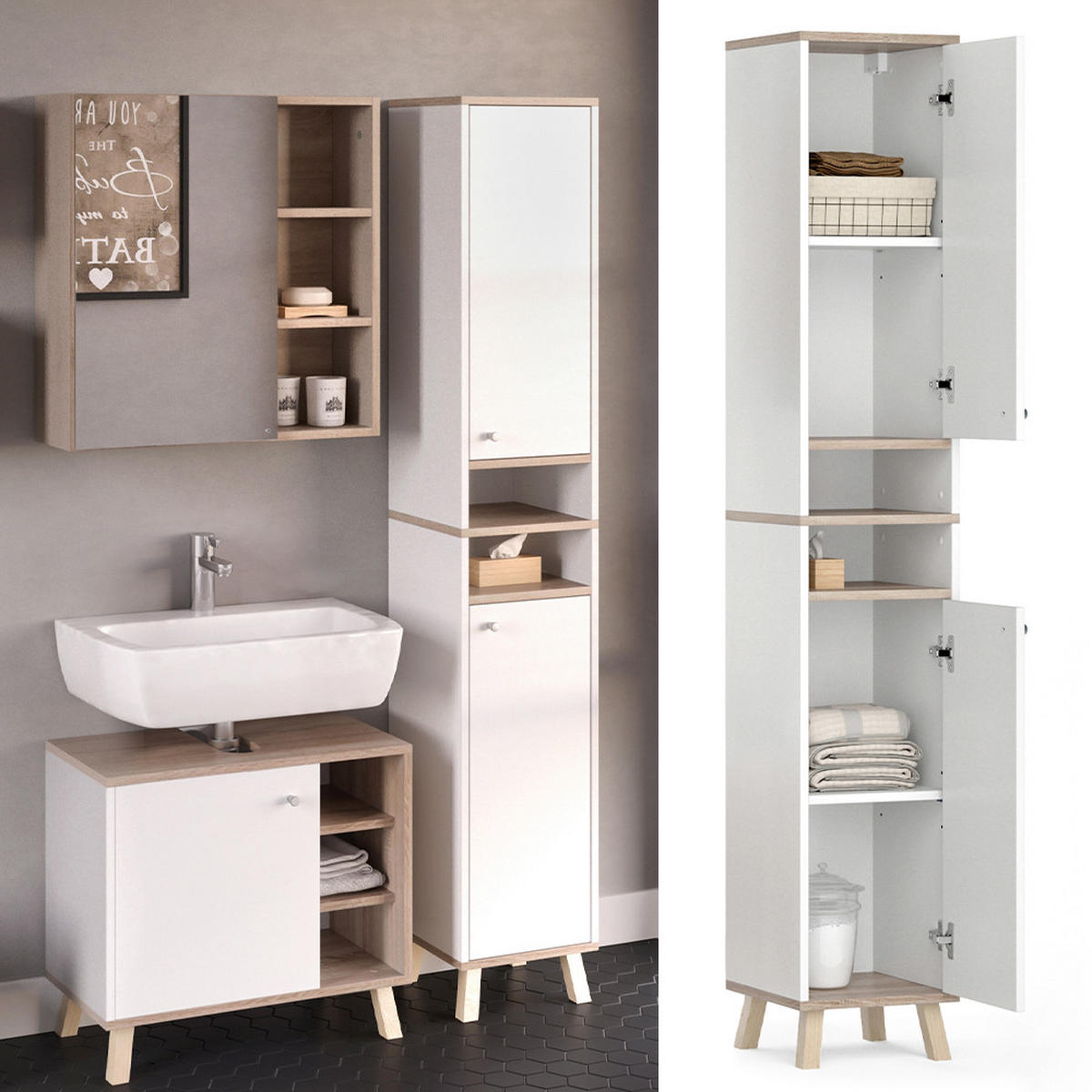 BADSCHRANK Senyo Weiß 30 x 174 cm - Weiß, Holzwerkstoff (30/174/30cm) - Vicco