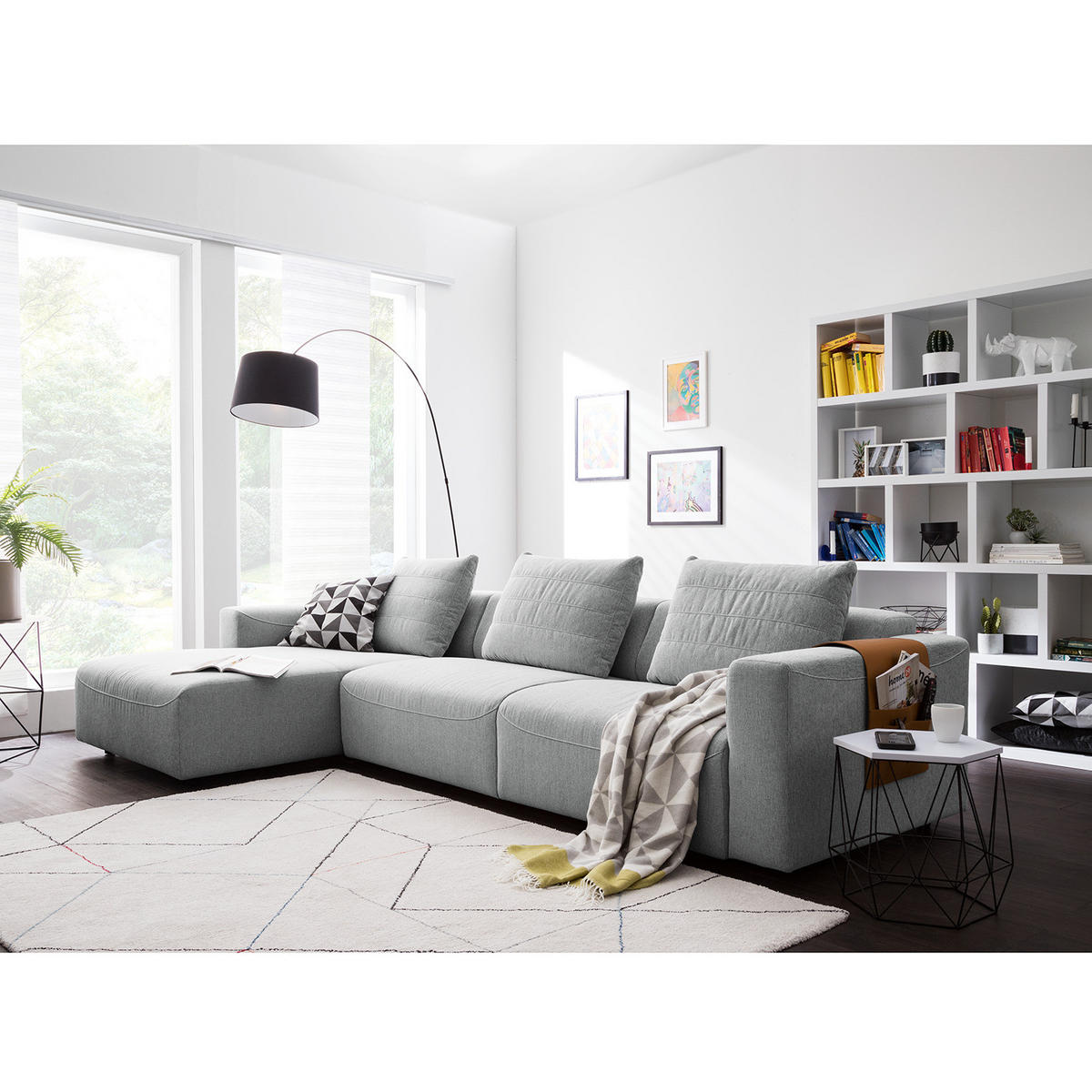 3-SITZER ECKSOFA mit Longchair - Webstoff - Hellgrau/Schwarz, Kunststoff/Textil (320/170cm) - home24