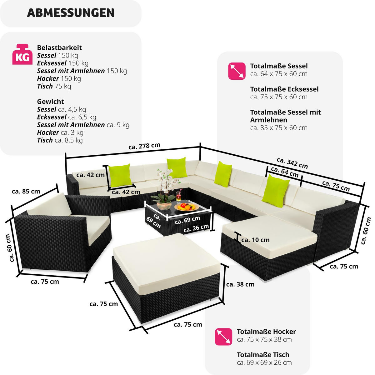 RATTANLOUNGE Las Vegas,mit Sicherheitsglasplatte,schwarz - Schwarz, Kunststoff - tectake