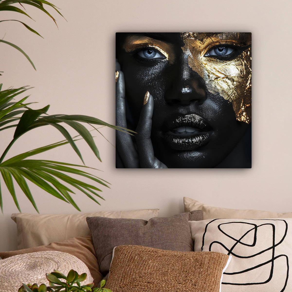 LEINWANDBILD Frau - Gold - Porträt - Schwarz-Weiß - Luxus 50x50 cm - Hellblau, Textil (50/50cm) - MuchoWow